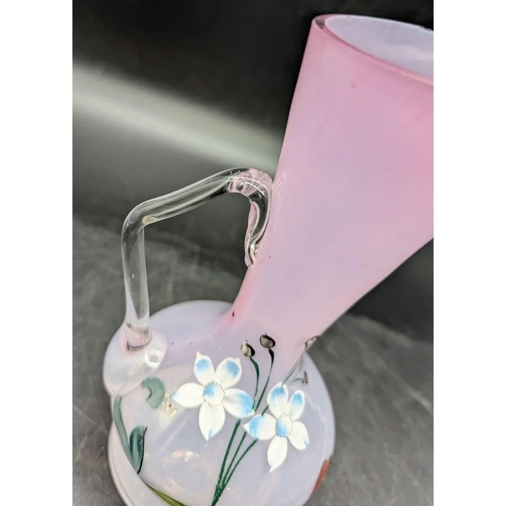 Antique Hand Painted Enameled Victorian Art Glass Pitcher Ewer Pink 6.75